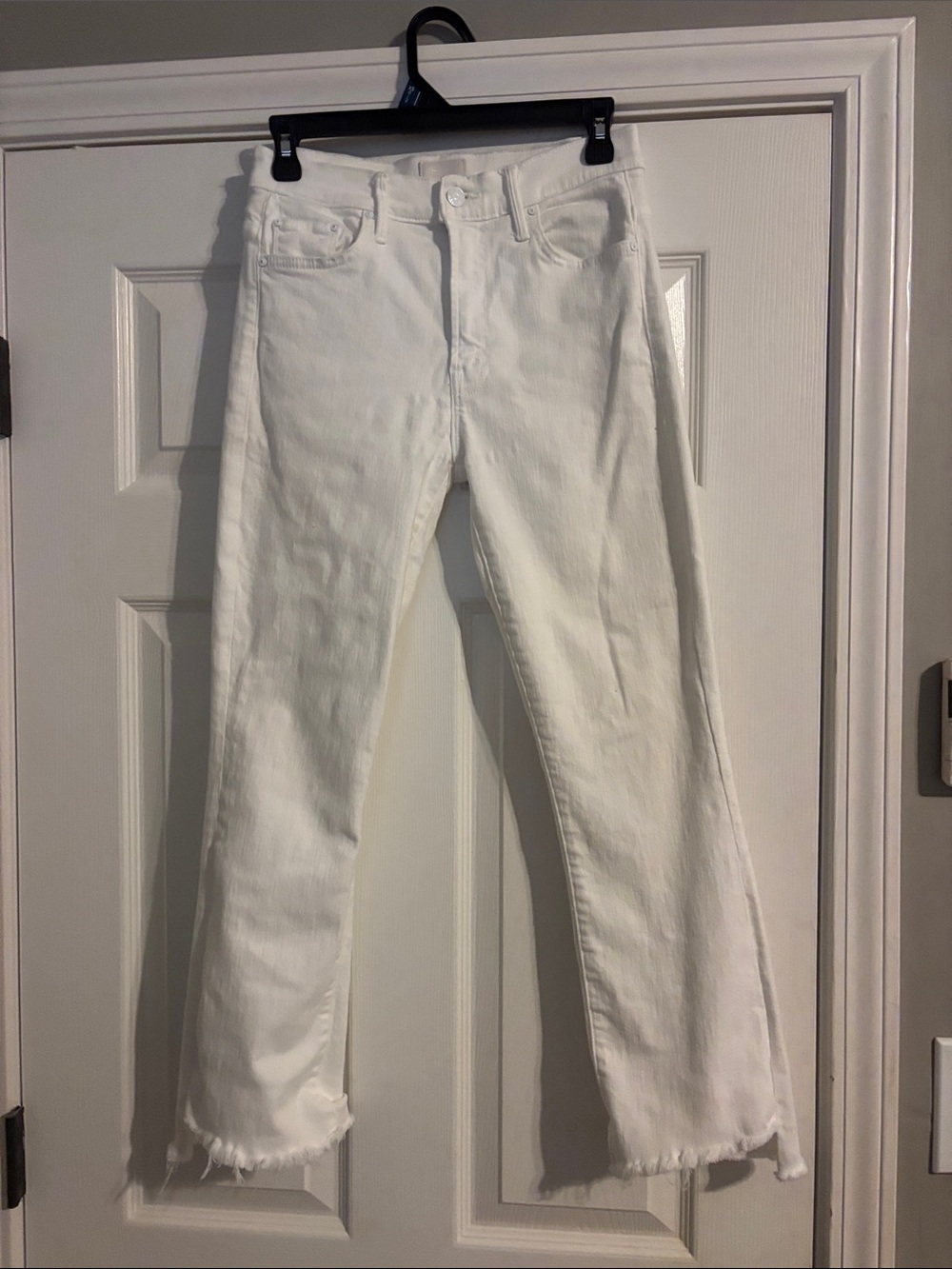 MOTHER White Straight-Leg Jeans with Frayed Hem
